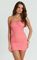 Zahara Mini Dress - Strapless Ruched Bodycon Dress in Strawberry