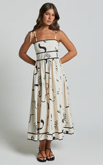 Zane Midi Dress - Sleeveless Tie Straps A Line Dress in Black and White Print