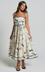 Zane Midi Dress - Sleeveless Tie Straps A Line Dress in Black and White Print
