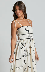 Zane Midi Dress - Sleeveless Tie Straps A Line Dress in Black and White Print
