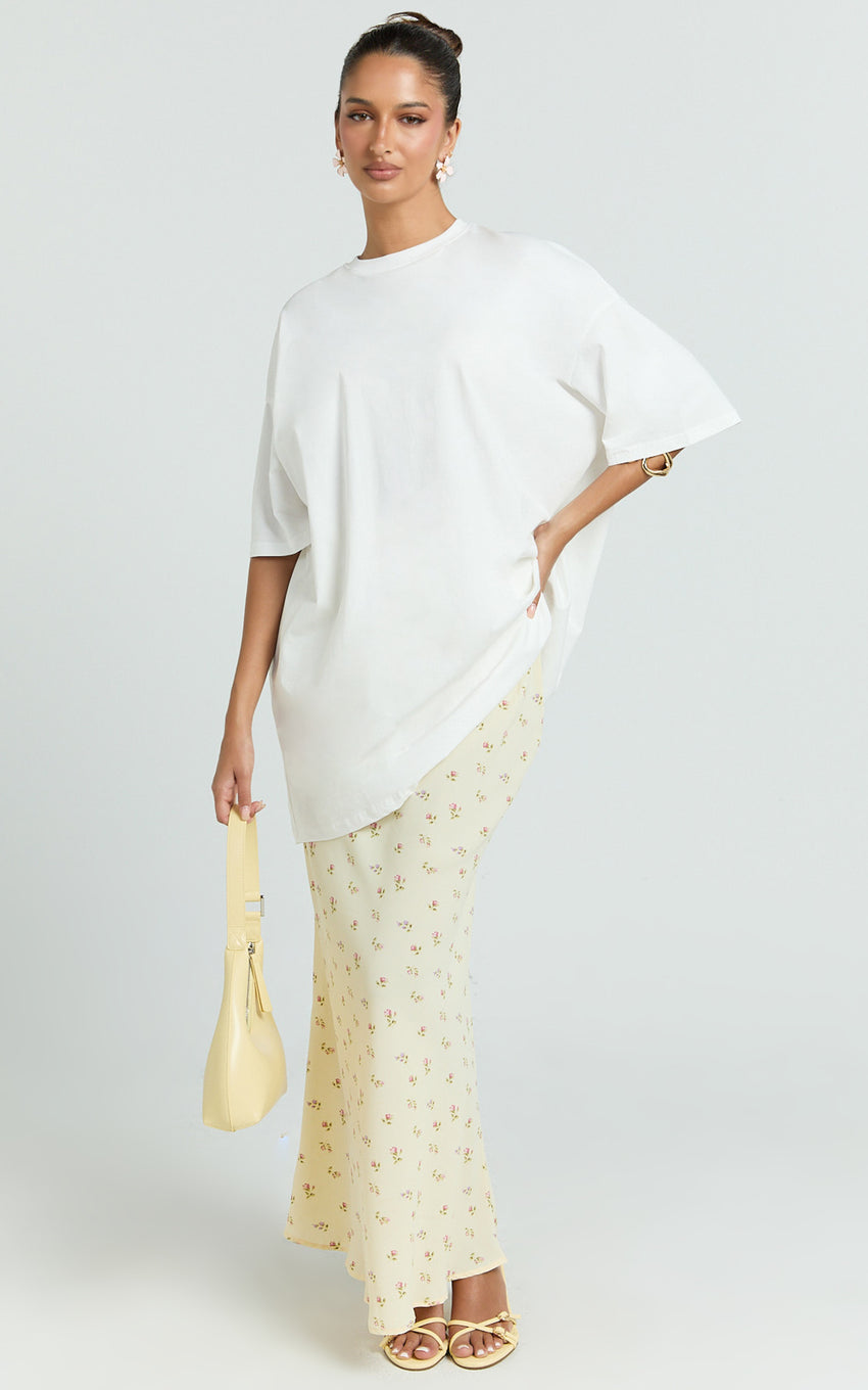 Zaya Two Piece Top and Skirt Set - Oversized Tee and Floral Sheer Midi Skirt Set in White and Yellow