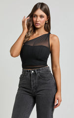 Zayla Top - One Shoulder Knot Mesh Corset Top in Black