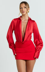 Zephyr Bodysuit - Plunge Neck Cowl Bodysuit in Red