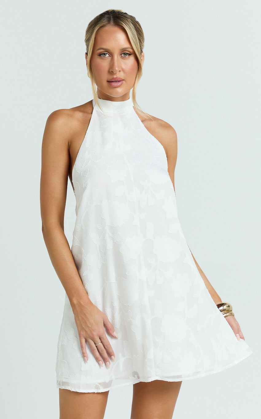 Ziva Mini Dress - Jacquard Halter A Line Dress in White