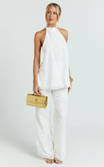 Ziva Two Piece Top and Pants Set - Halter Backless Top And Pants in White