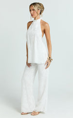 Ziva Two Piece Top and Pants Set - Halter Backless Top And Pants in White