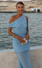 Salma Two Piece Top and Skirt Set - Georgette Asymmetric Top and Fit And Flare Maxi Skirt Set in Sky Blue