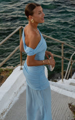 Salma Two Piece Top and Skirt Set - Georgette Asymmetric Top and Fit And Flare Maxi Skirt Set in Sky Blue