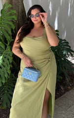 Gibson Two Piece Top and Skirt Set - Linen Crop Top and Knot Front Midi Skirt Set in Celery